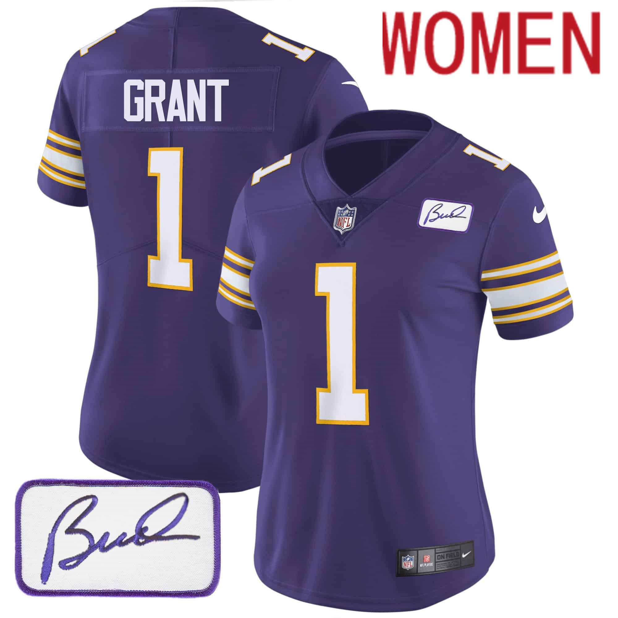 Women Minnesota Vikings 1 Grant Purple 2024 Nike Bud Grant Patch Classic Limited NFL Jersey style 1